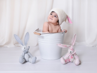 عکاسی نوزاد دختر بچه با تم خرگوش در سطل آتلیه شاپرک